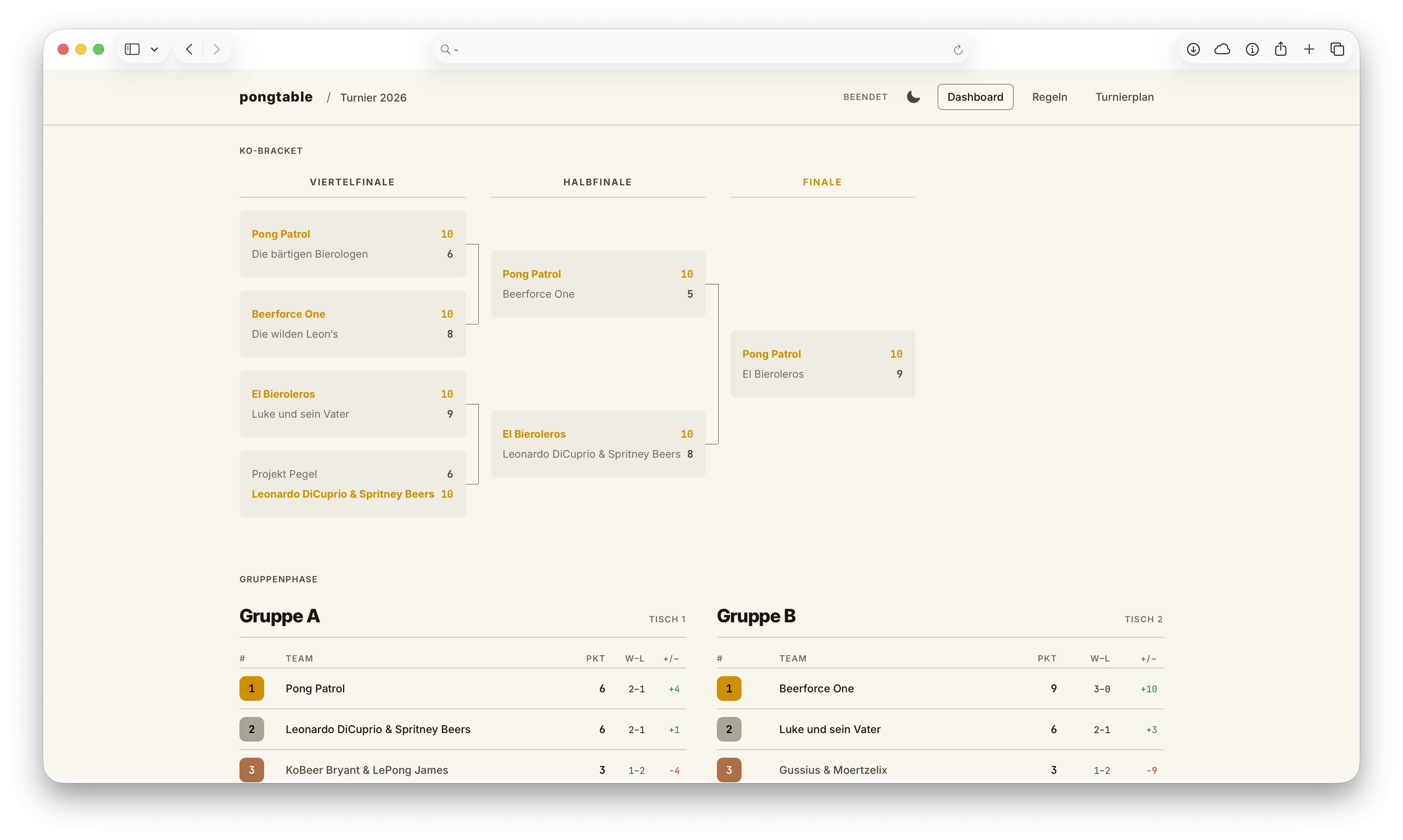 Screenshot des Turniersystems Pongtable